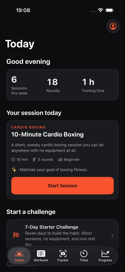 Boxing Coach Today screen with recommended cardio boxing session