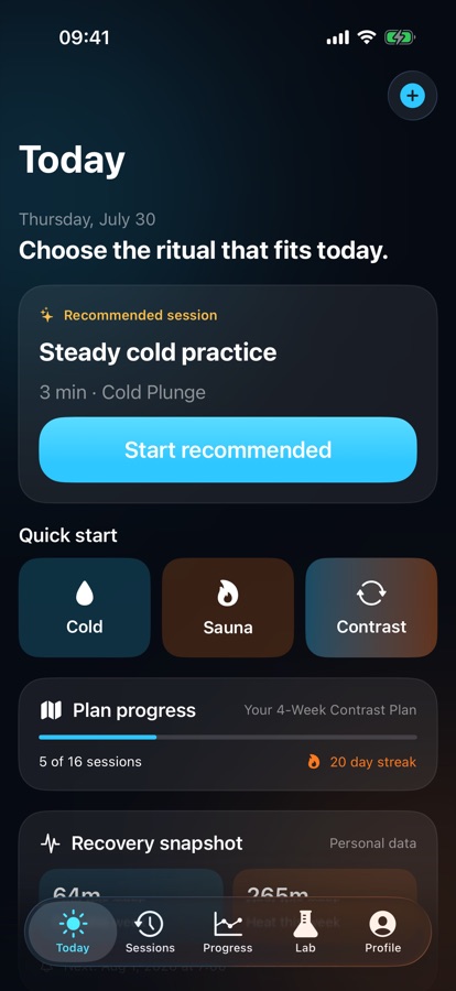 Cold Plunge Today screen with recommended cold practice