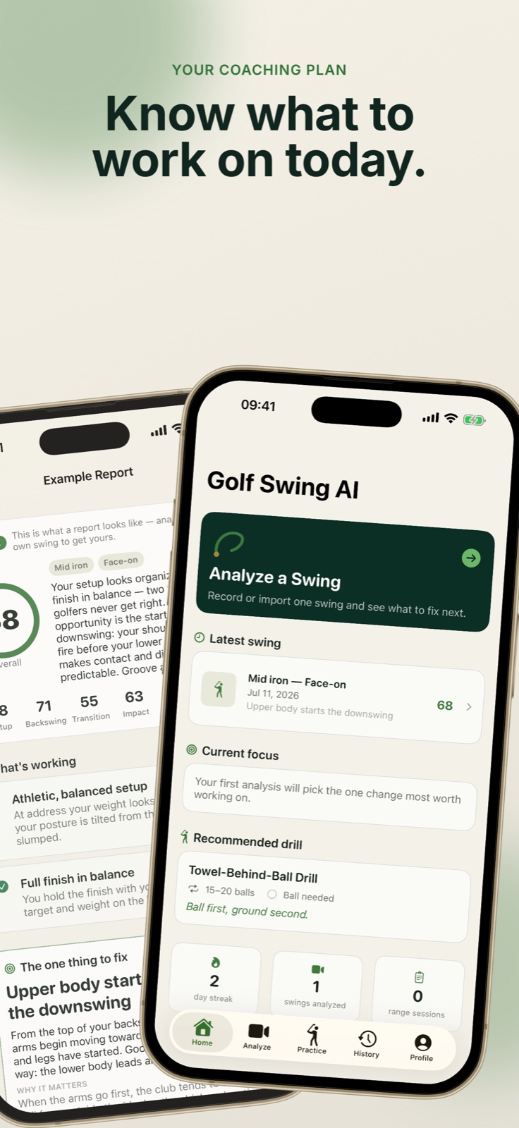 Golf Swing AI home screen with a current focus and recommended drill