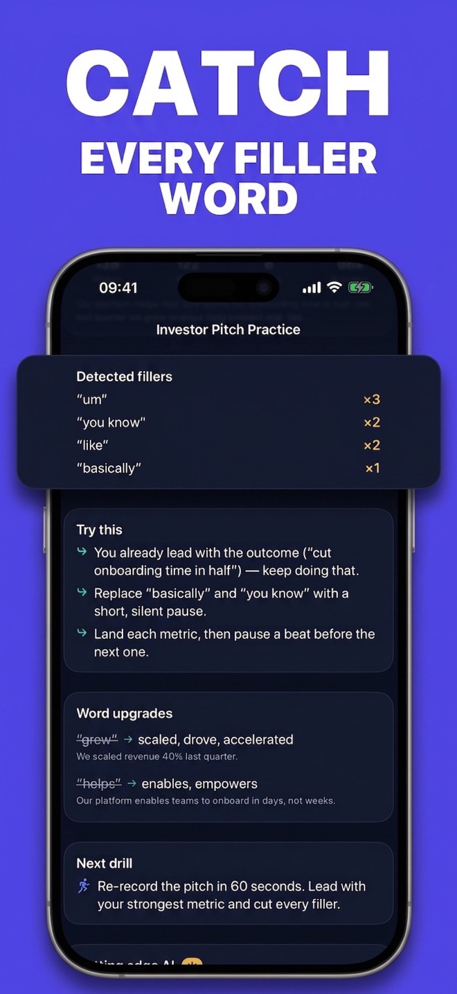 Detected filler words and concise wording suggestions