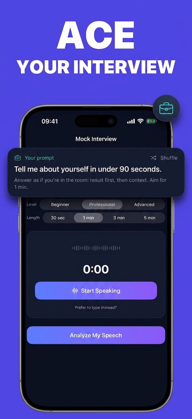 Mock interview prompt and speech recording controls