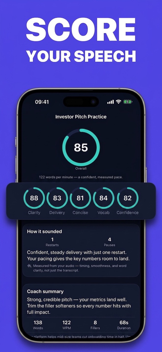 Speak Clearly AI showing speech scores and delivery feedback
